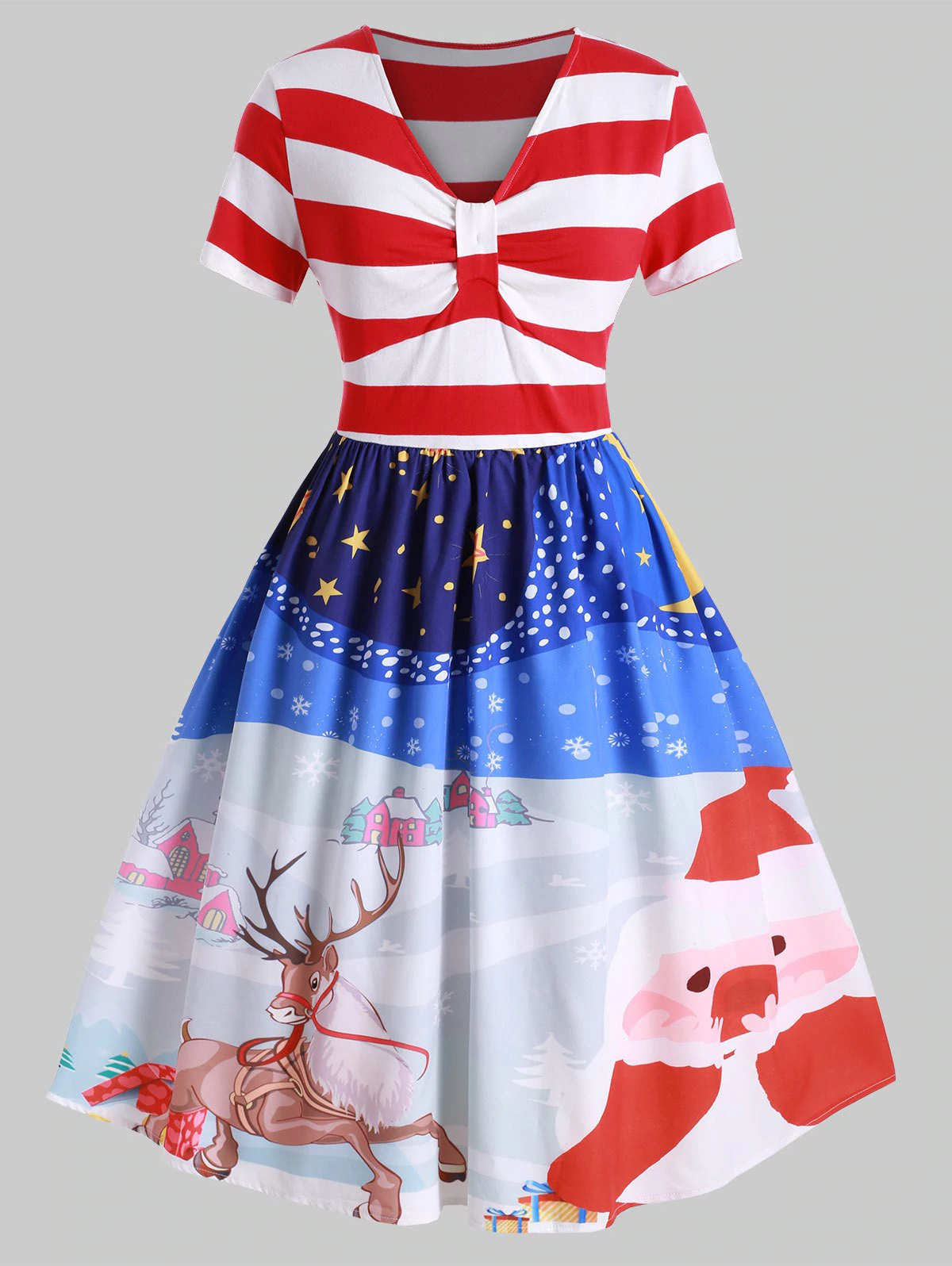 Plus Size Stripe Christmas Print Vintage Swing Dress