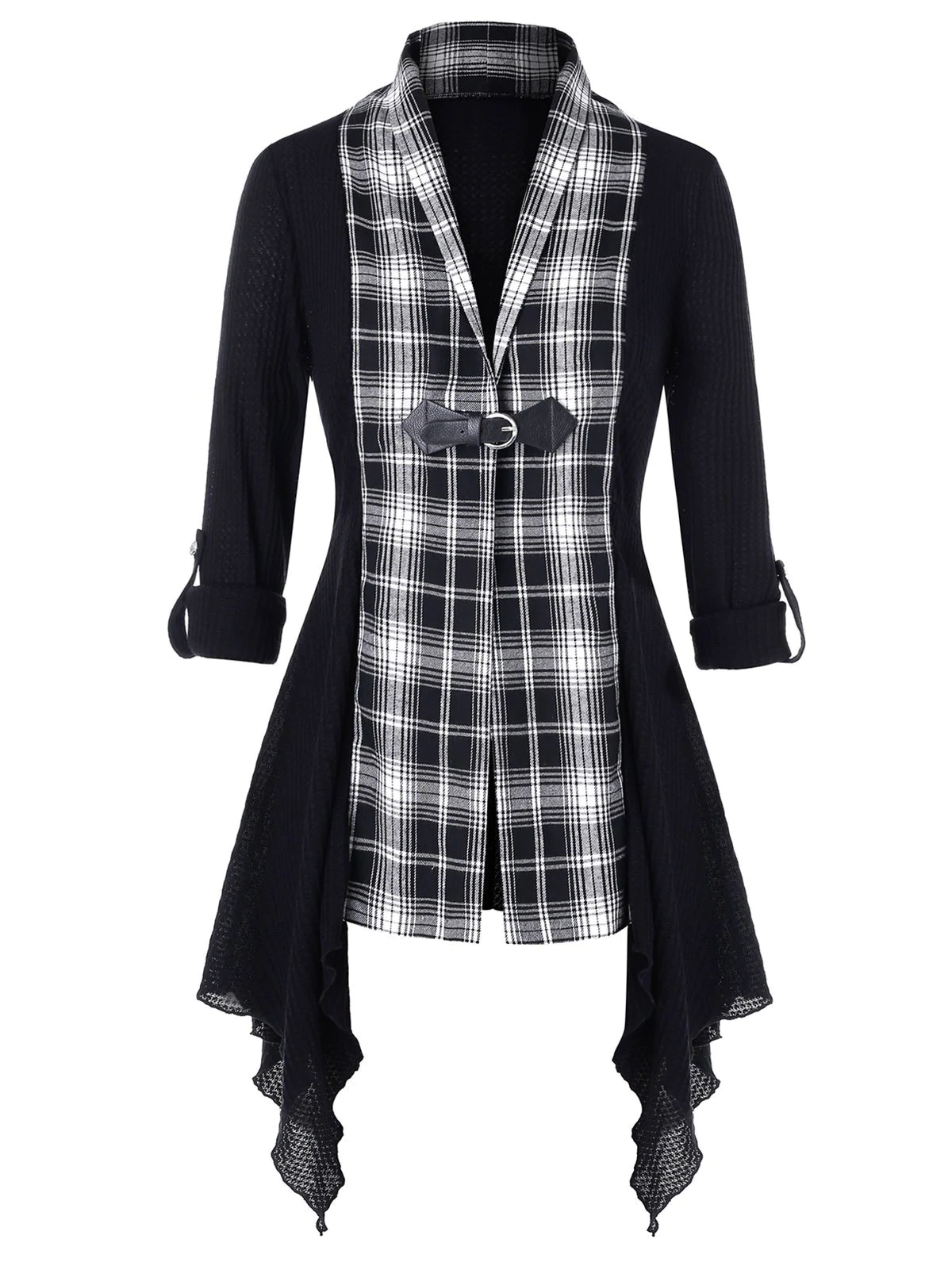 Plus Size Asymmetric Plaid Panel Shawl Collar Knit Cardigan