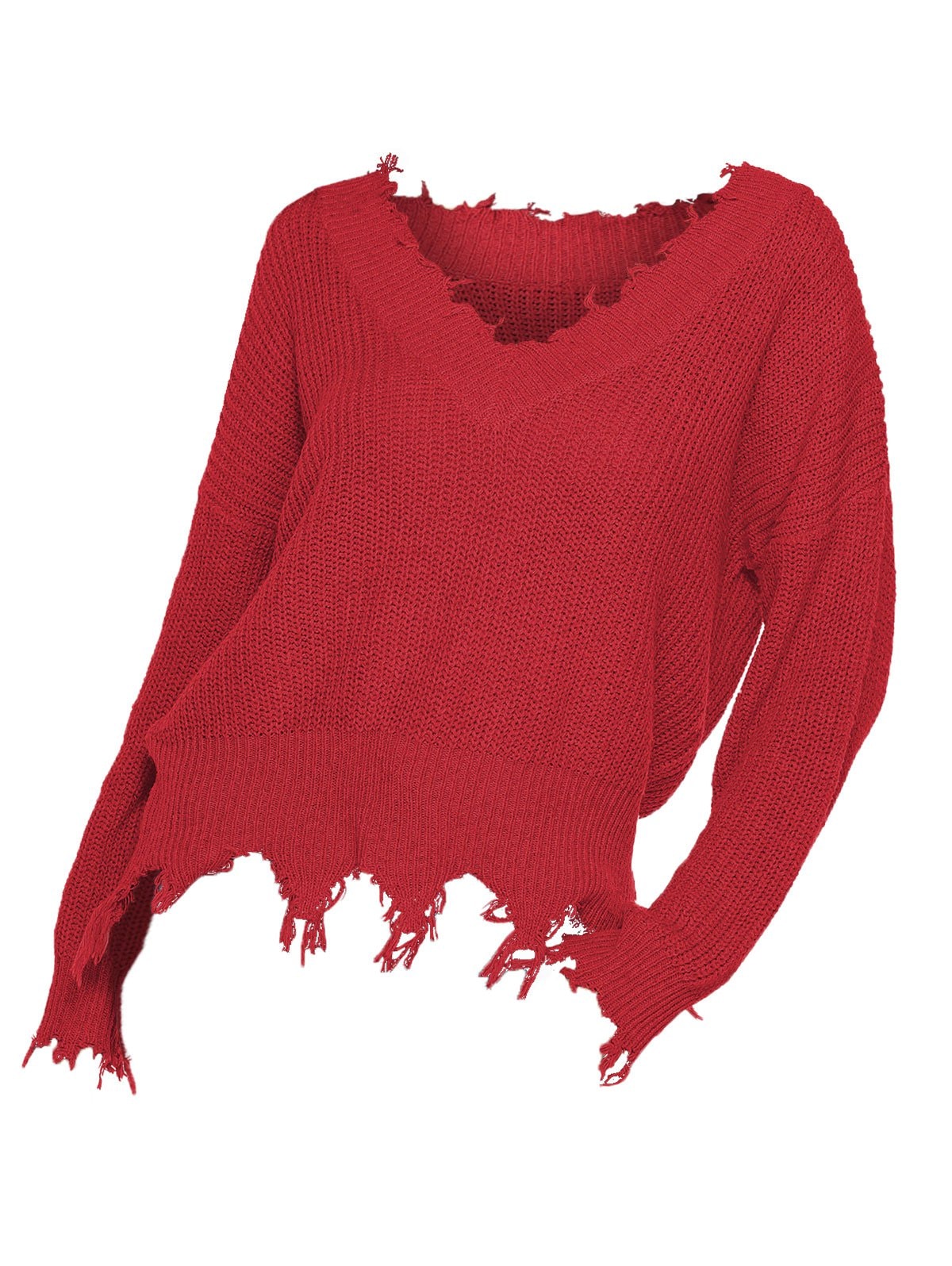 Plus Size Frayed Hem Solid Drop Shoulder Sweater