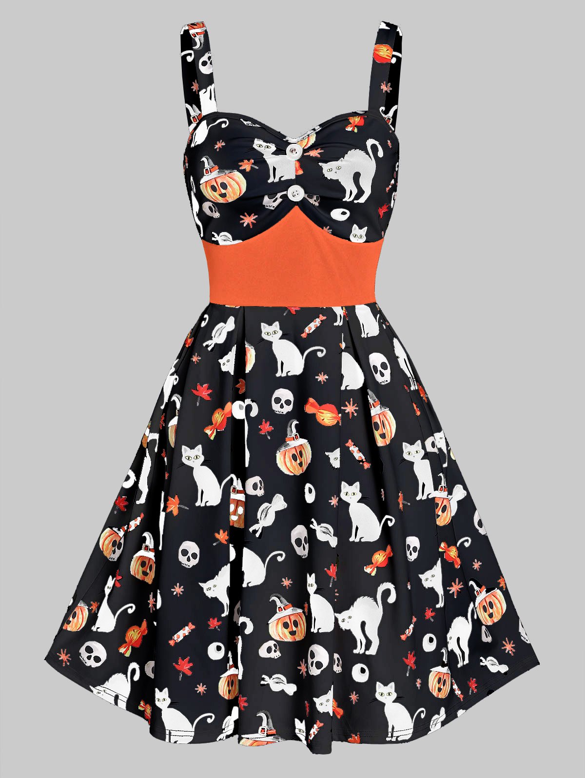 High Waist A Line Button Skull Print Halloween Dress