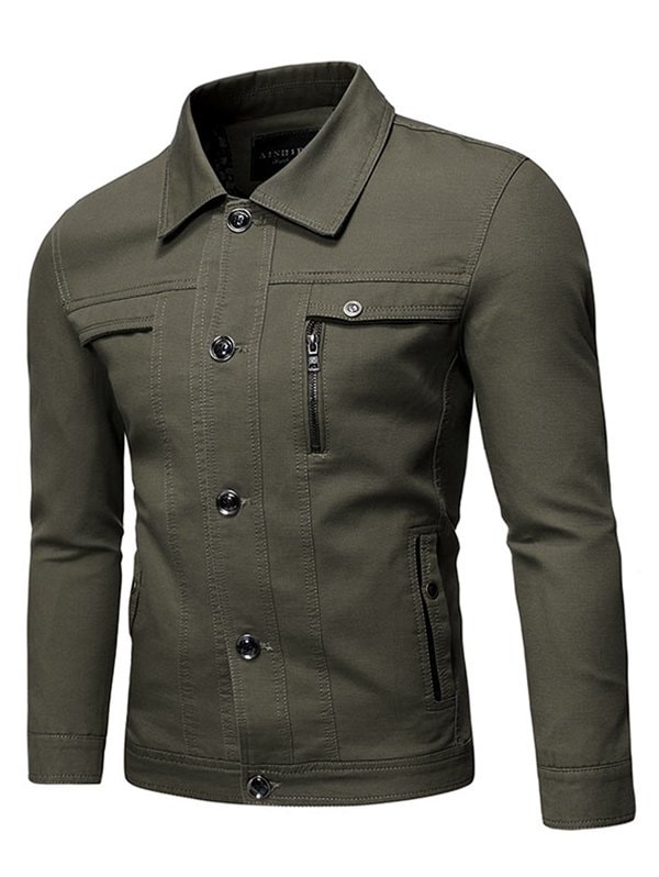 Solid Faux Chest Pocket Turn Down Collar Button Jacket