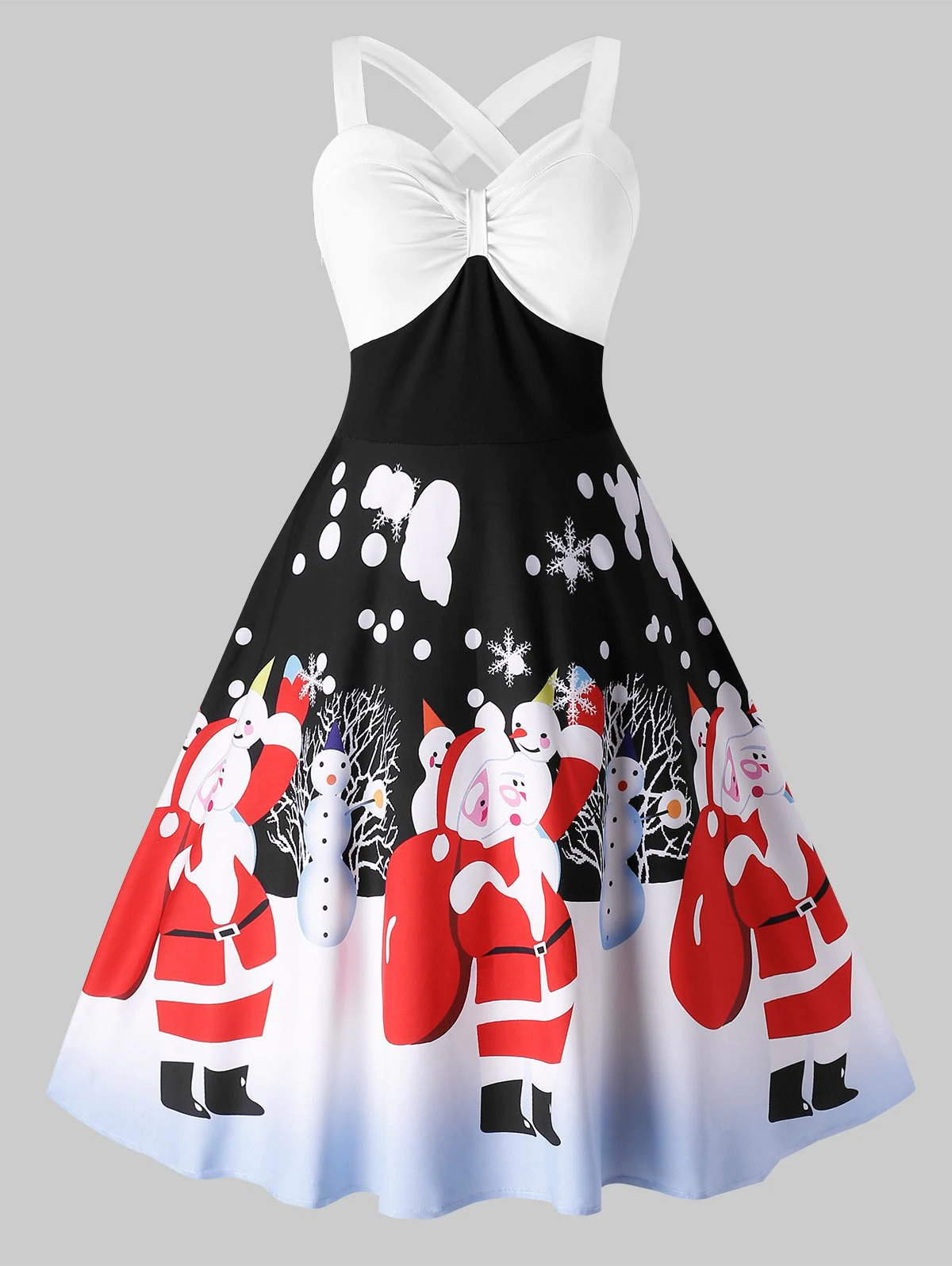 Plus Size Vintage Criss Cross Santa Claus Print Christmas Dress