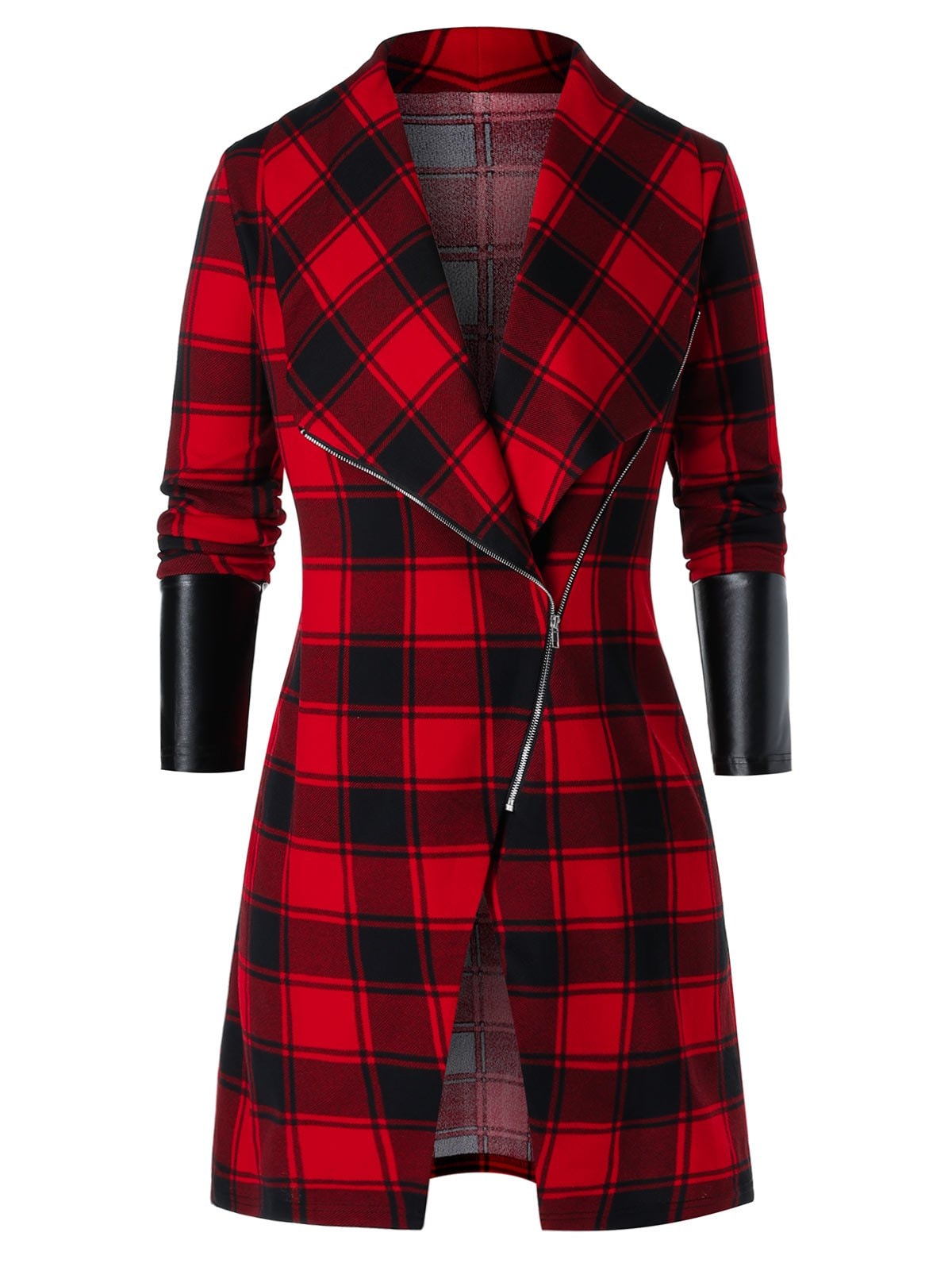 Plus Size Asymmetric Zip Plaid PU Leather Panel Tunic Coat