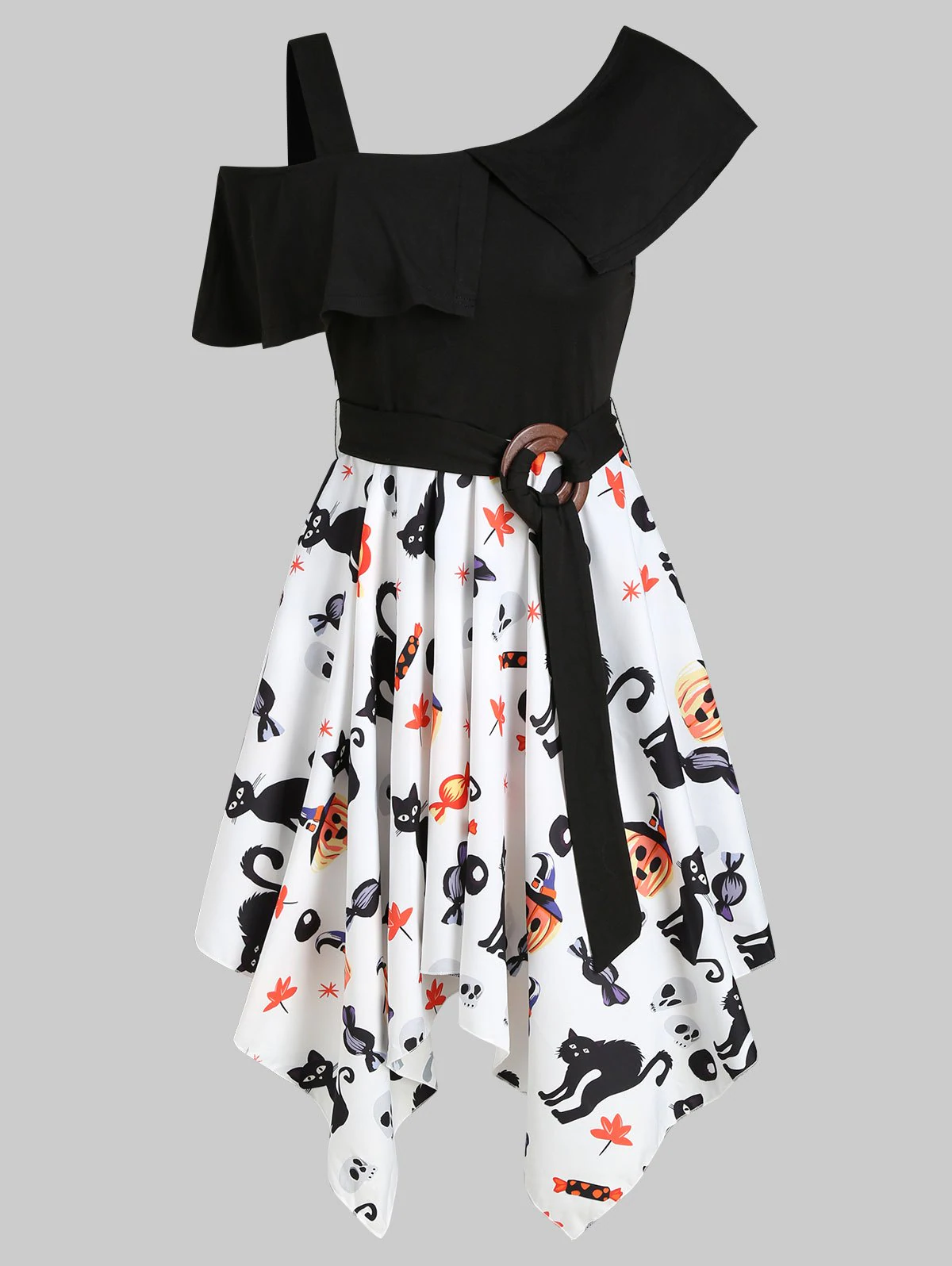 Halloween Pumpkin Cat Skew Neck Handkerchief Dress