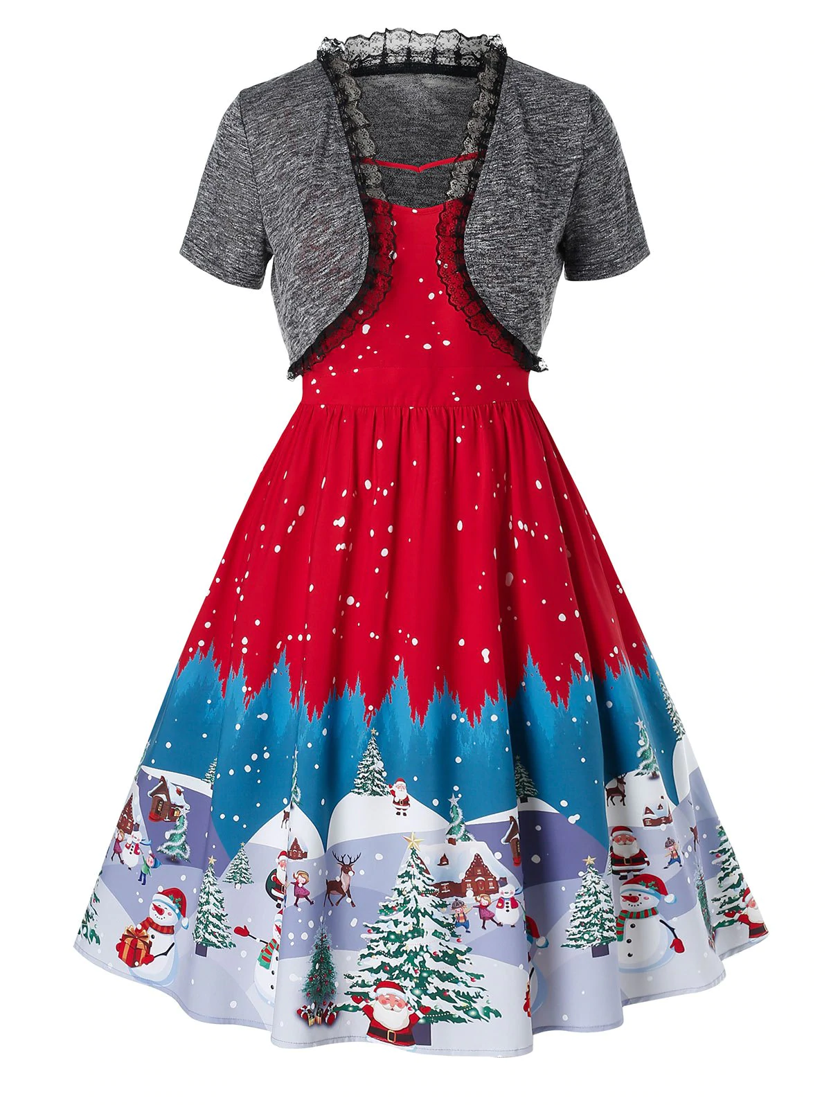 Plus Size Vintage Christmas Snowman Tree Print Pin Up Dress