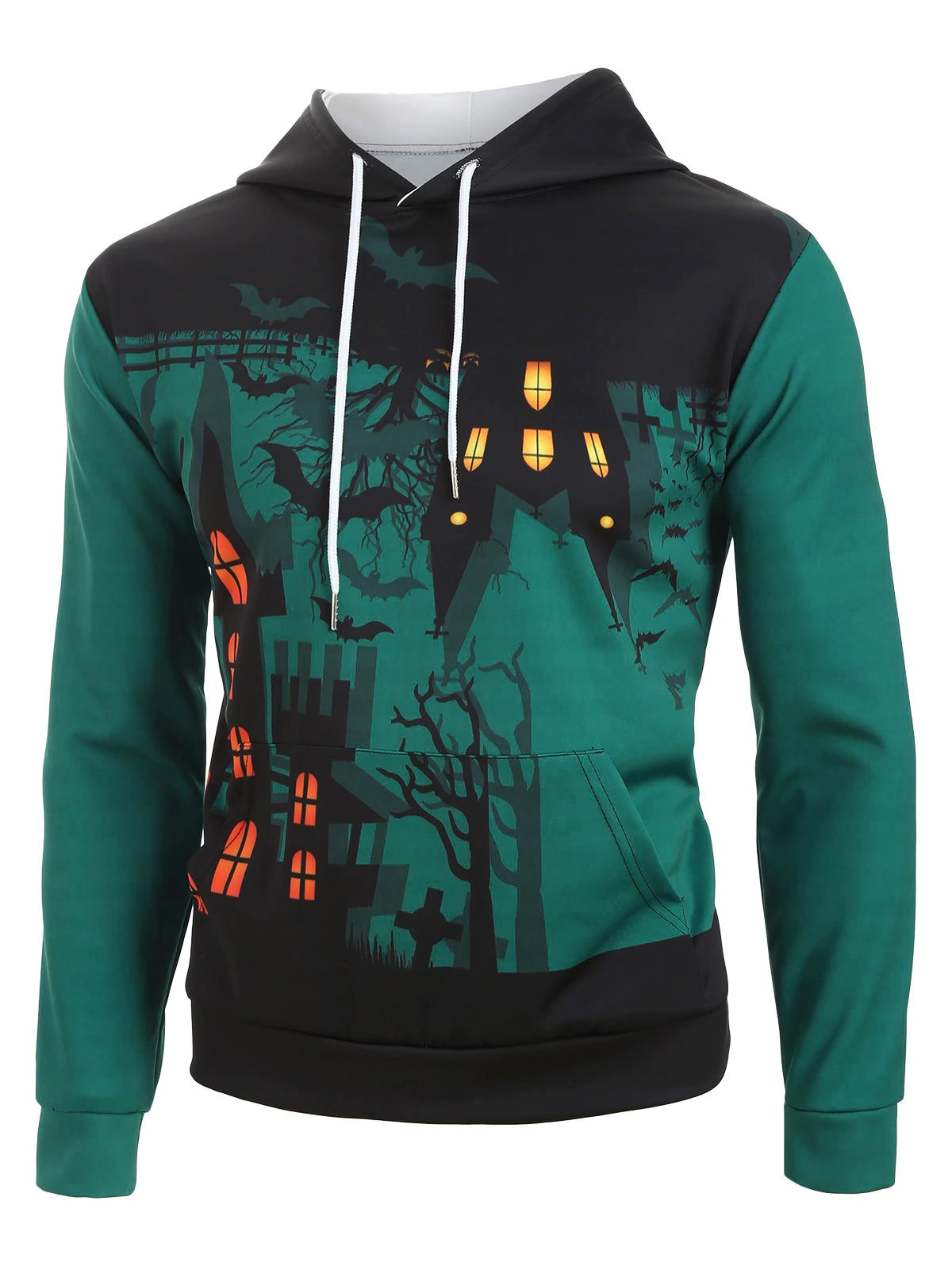 Halloween Night Castle Bat Print Drawstring Hoodie