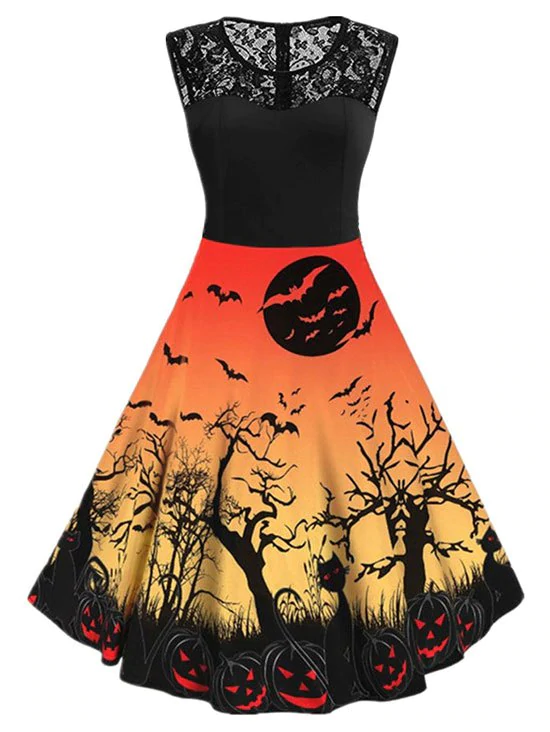 Halloween Pumpkin Bat Print Lace Insert Sleeveless Dress