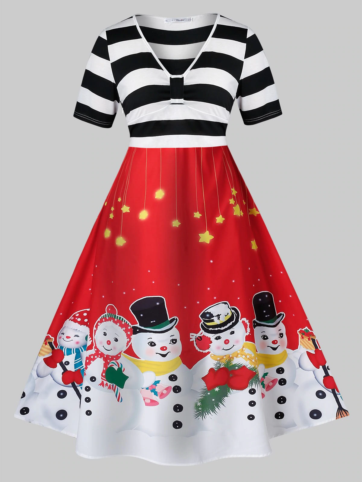 Plus Size Snowman Print Christmas Fit And Flare Vintage Dress