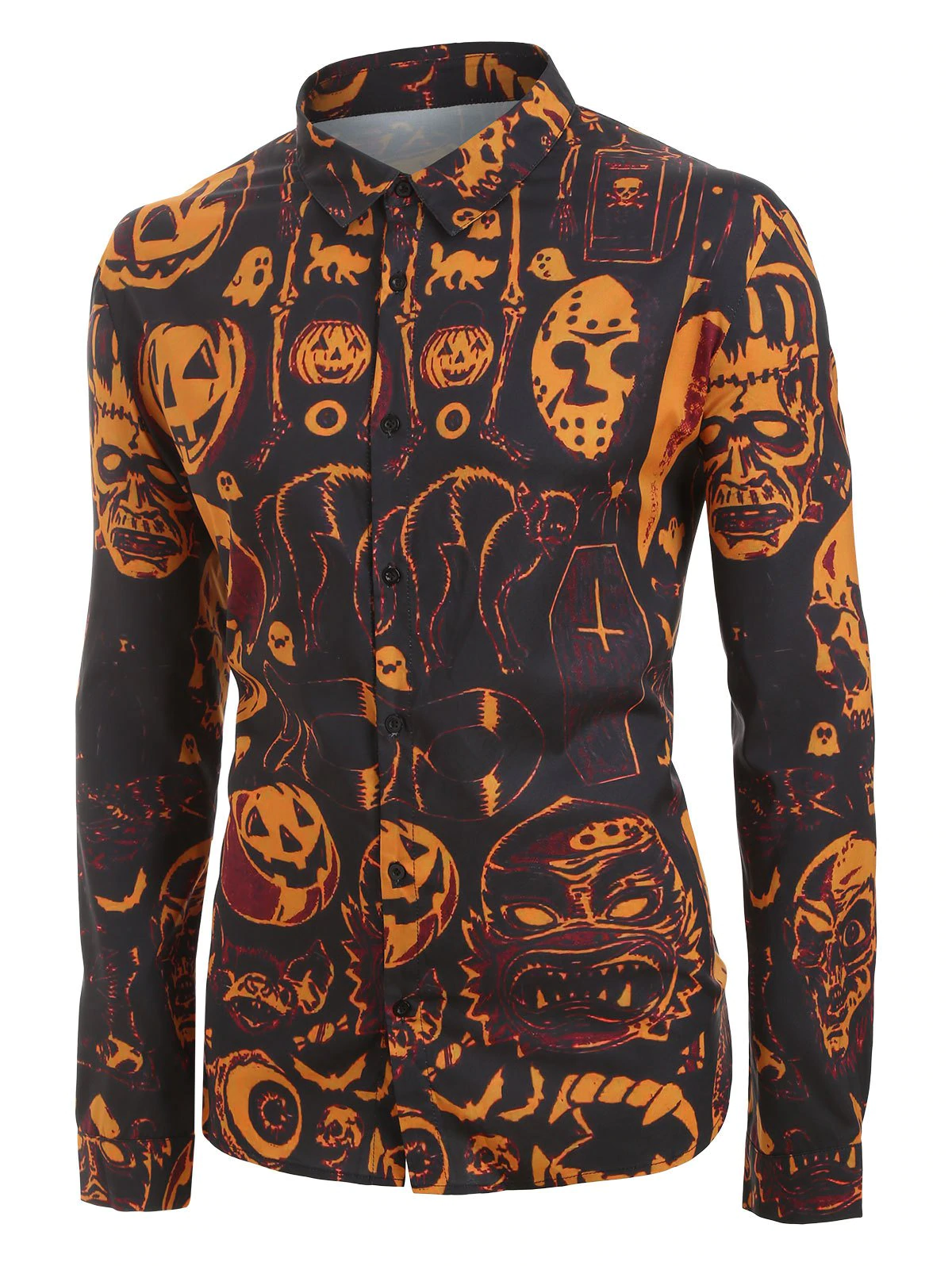 Plus Size Halloween Pumpkin and Skull Print Long Sleeve Shirt