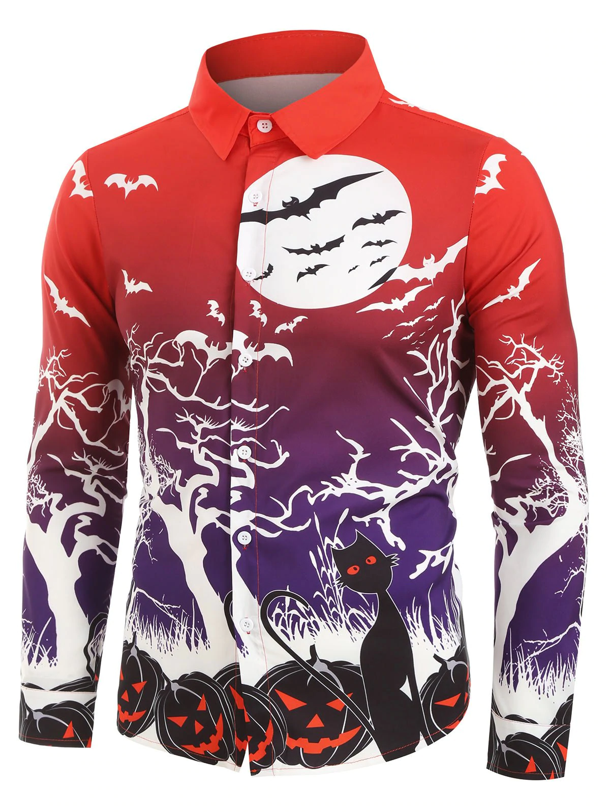 Halloween Night Pumpkins Print Button Up Long Sleeve Shirt