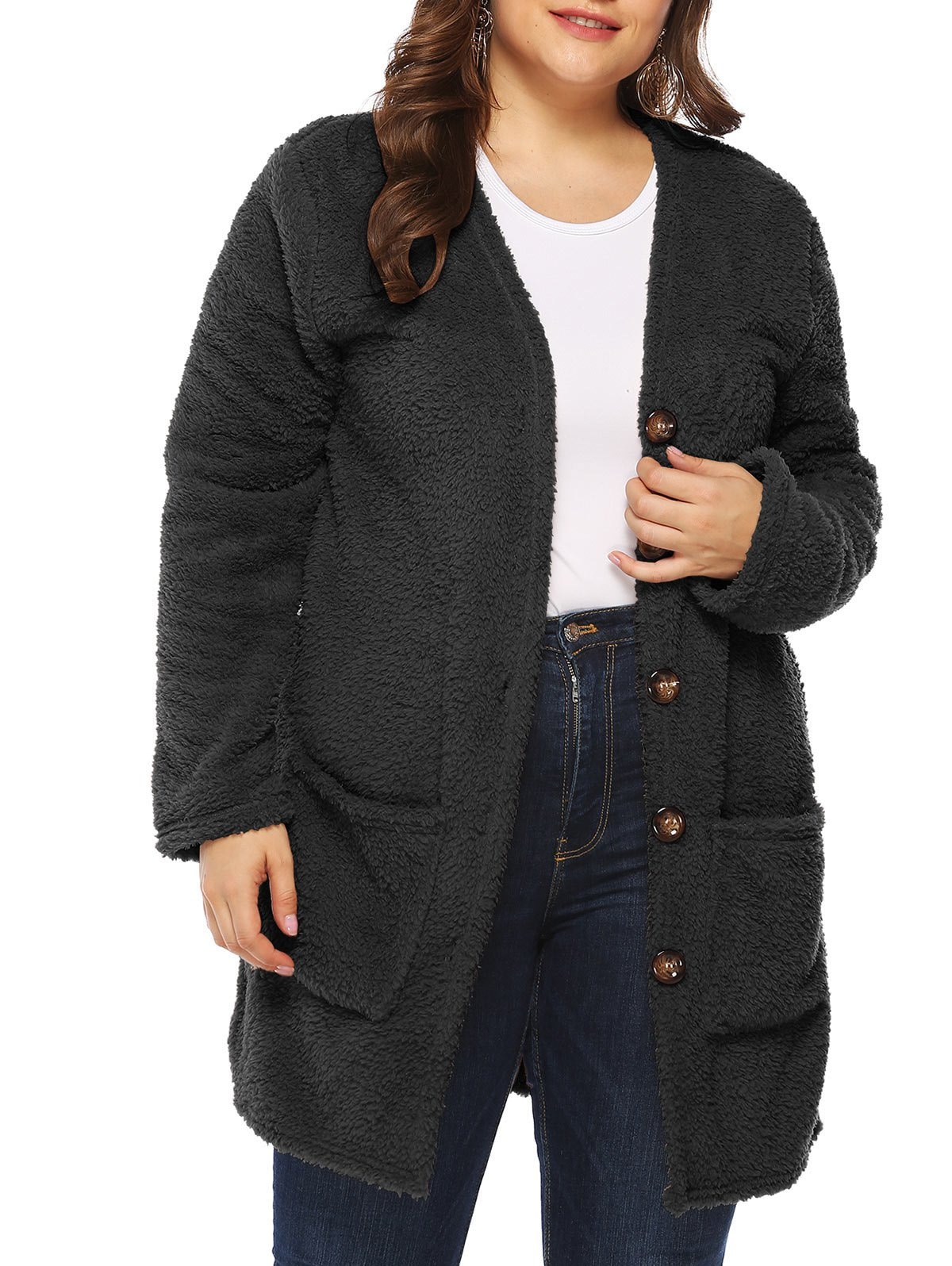 Plus Size Pockets Faux Fur Coat