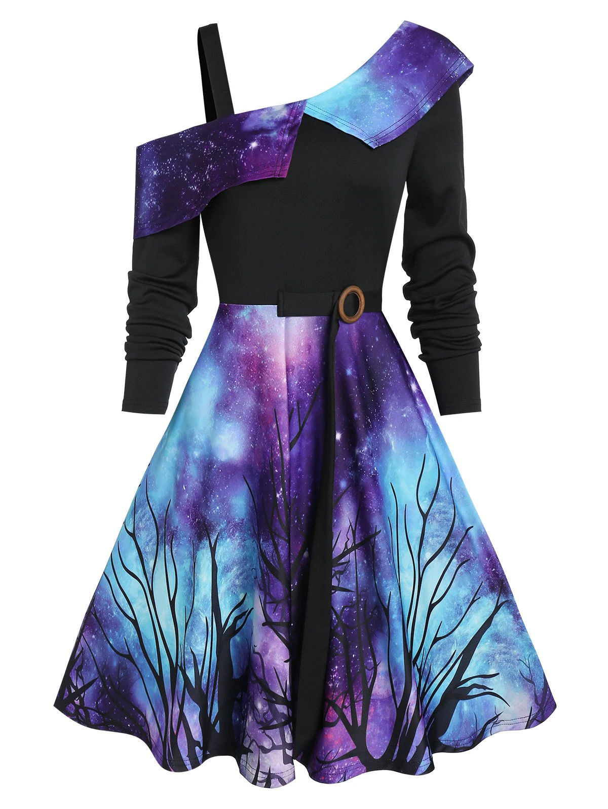 Starry Sky Halloween Skew Neck Asymmetrical Dress