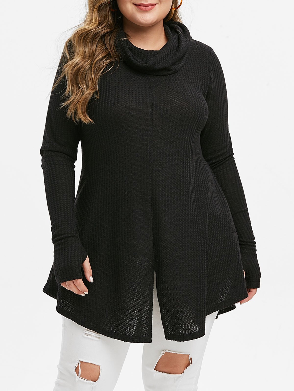 Plus Size Cowl Neck Slit Tunic Knitwear