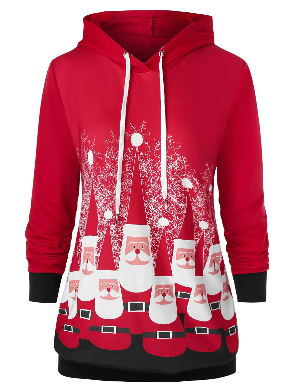 Plus Size Drawstring Santa Claus Print Christmas Hoodie