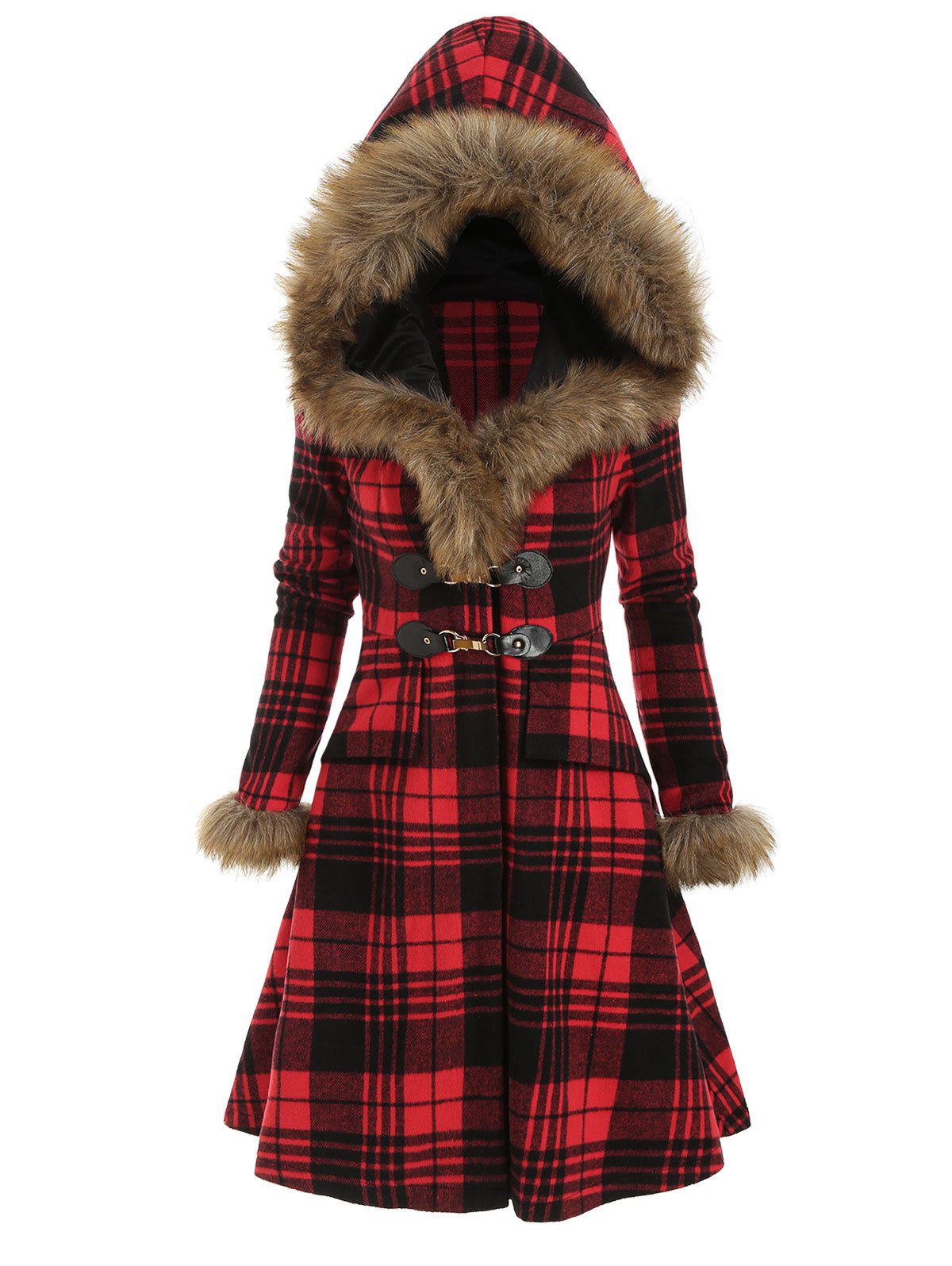 Plaid Faux Fur Hood Longline Coat