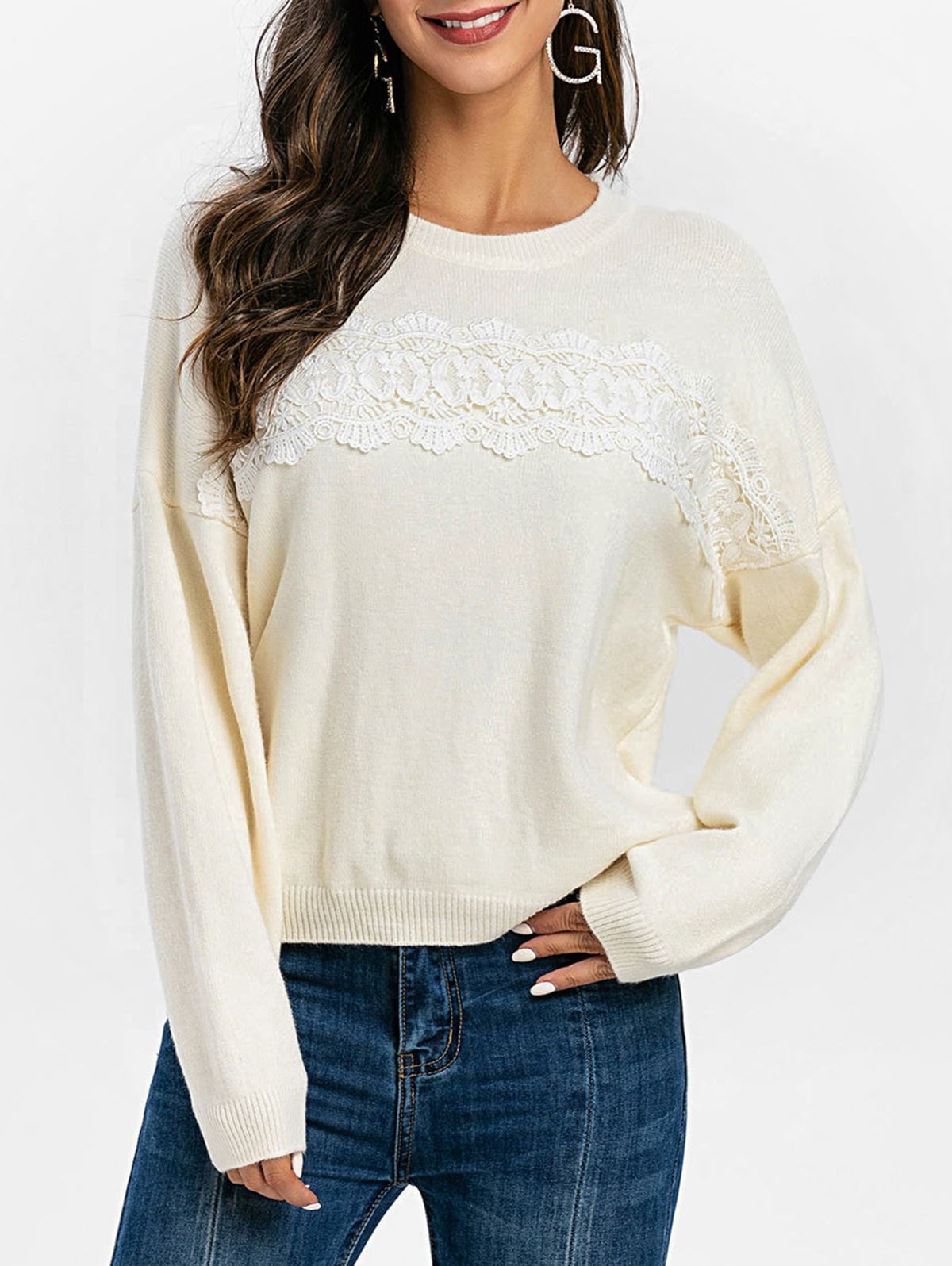 Guipure Lace Drop Shoulder Jumper Sweater