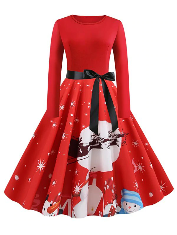 Plus Size Christmas Snowman Print Belted Vintage Dress