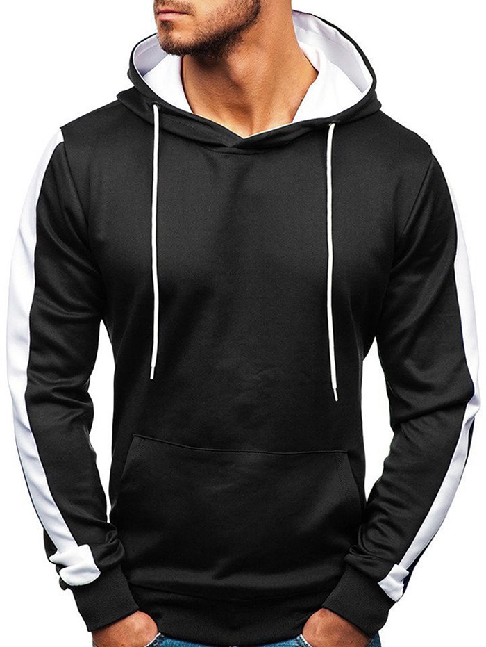 Contrast Tape Sleeve Kangaroo Pocket Fleece Pullover Hoodie