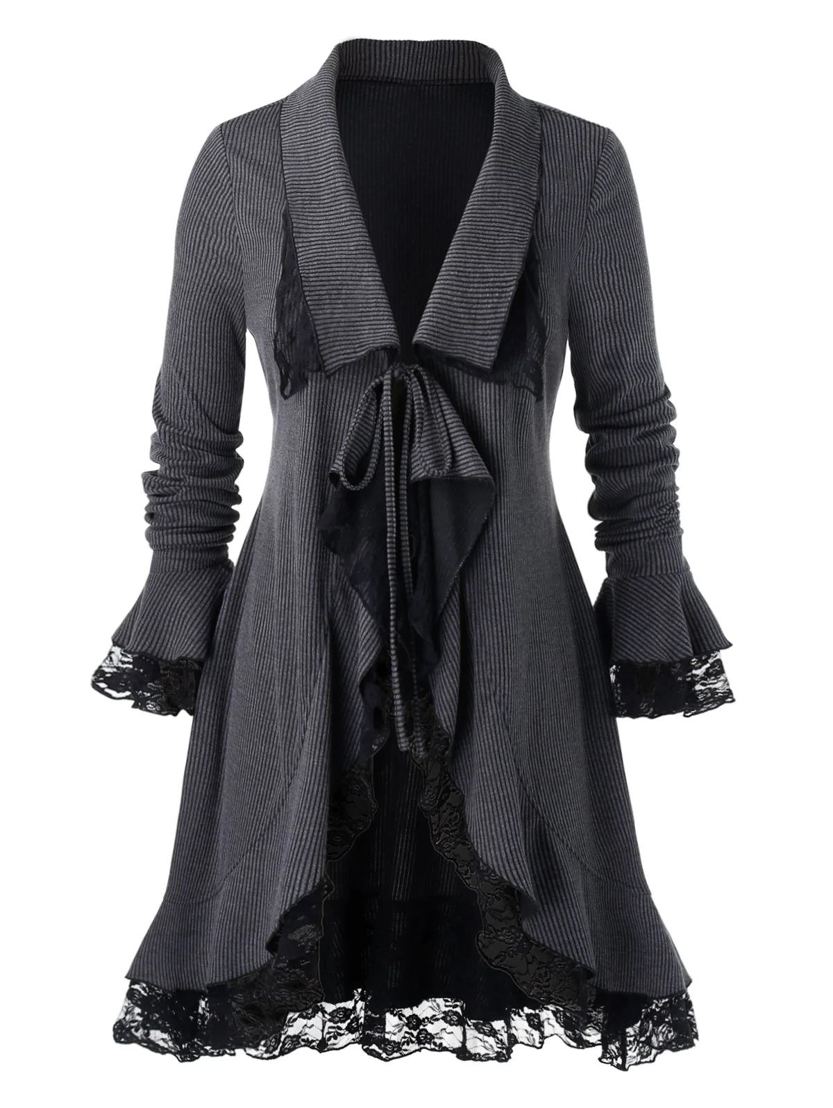 Plus Size Front Tie Ruffled Lace Insert Coat