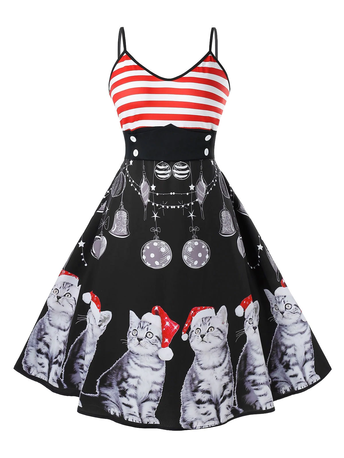 Plus Size Vintage Cat Print Christmas Swing Dress