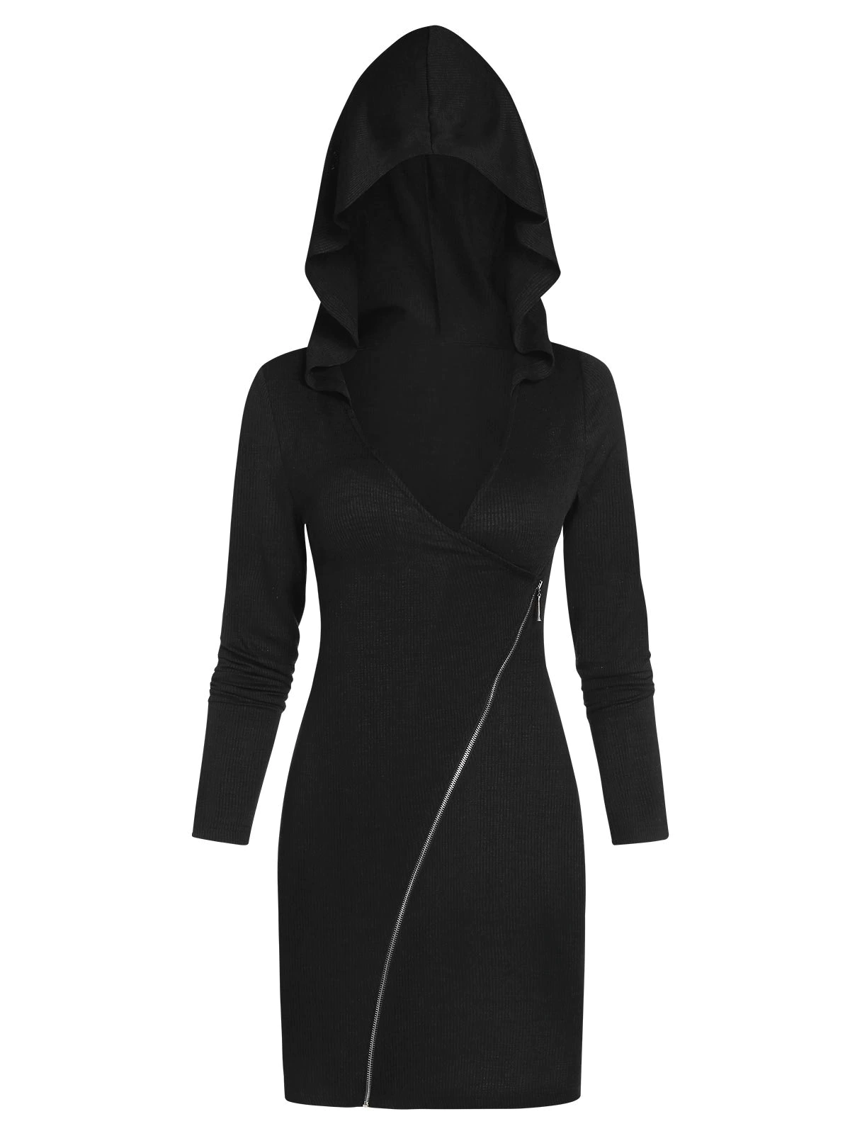 Hooded Asymmetric Zip Up Ribbed Coat