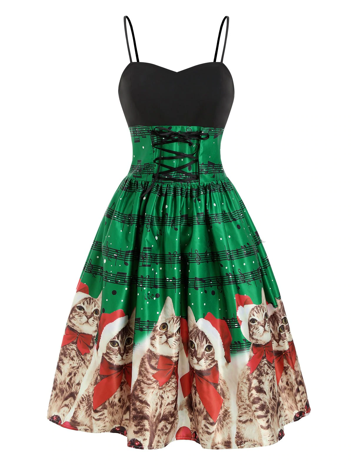 Christmas Cat Musical Note Lace Up Cami Dress