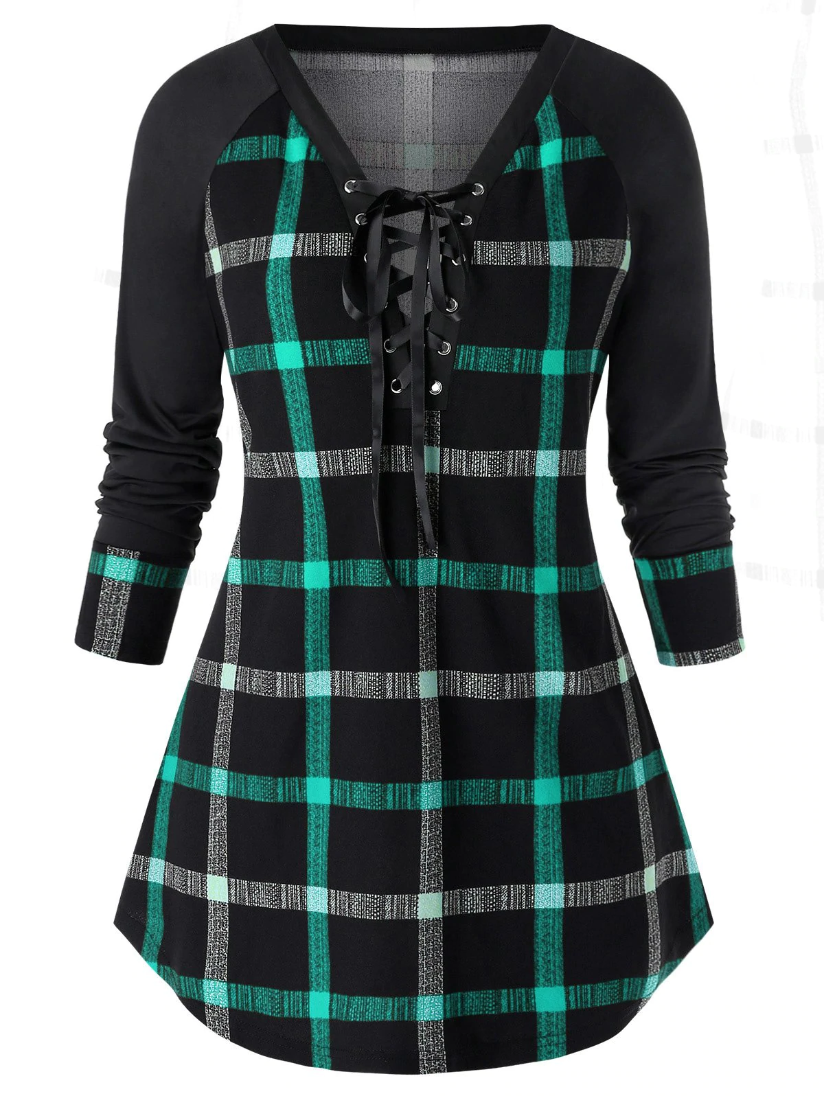 Plus Size Lace Up Plunge Plaid Sweatshirt