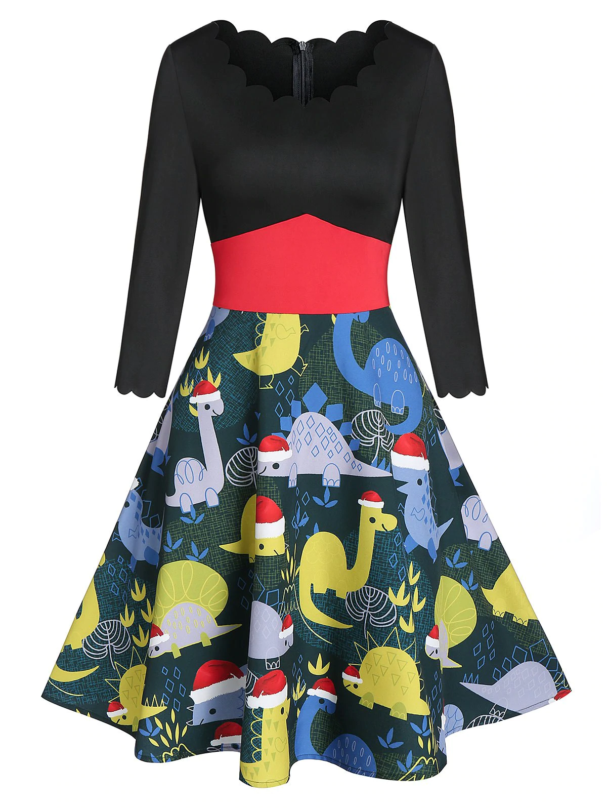 Christmas Dinosaur Print A Line Patchwork Dress