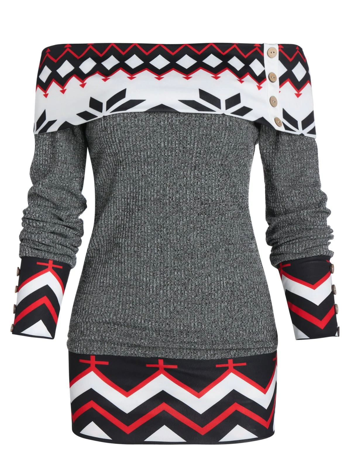 Geometric Off The Shoulder Foldover Knitted Sweater