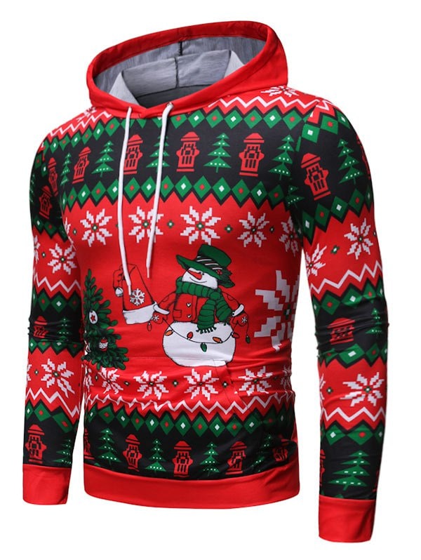 Christmas Tree Snowman Pattern Pocket Hoodie