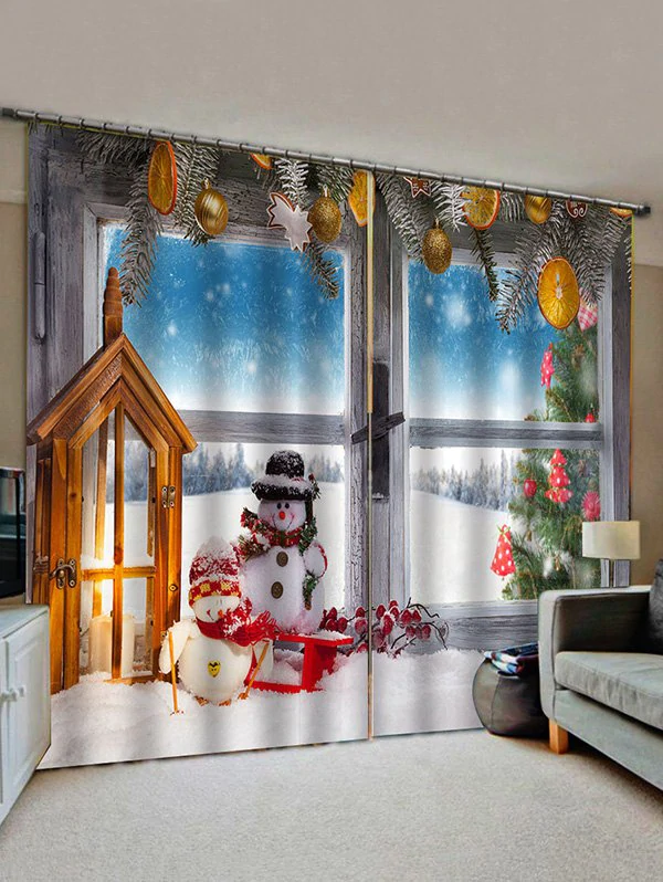 2 Panels Christmas Window Snowman Couple Print Window Curtains