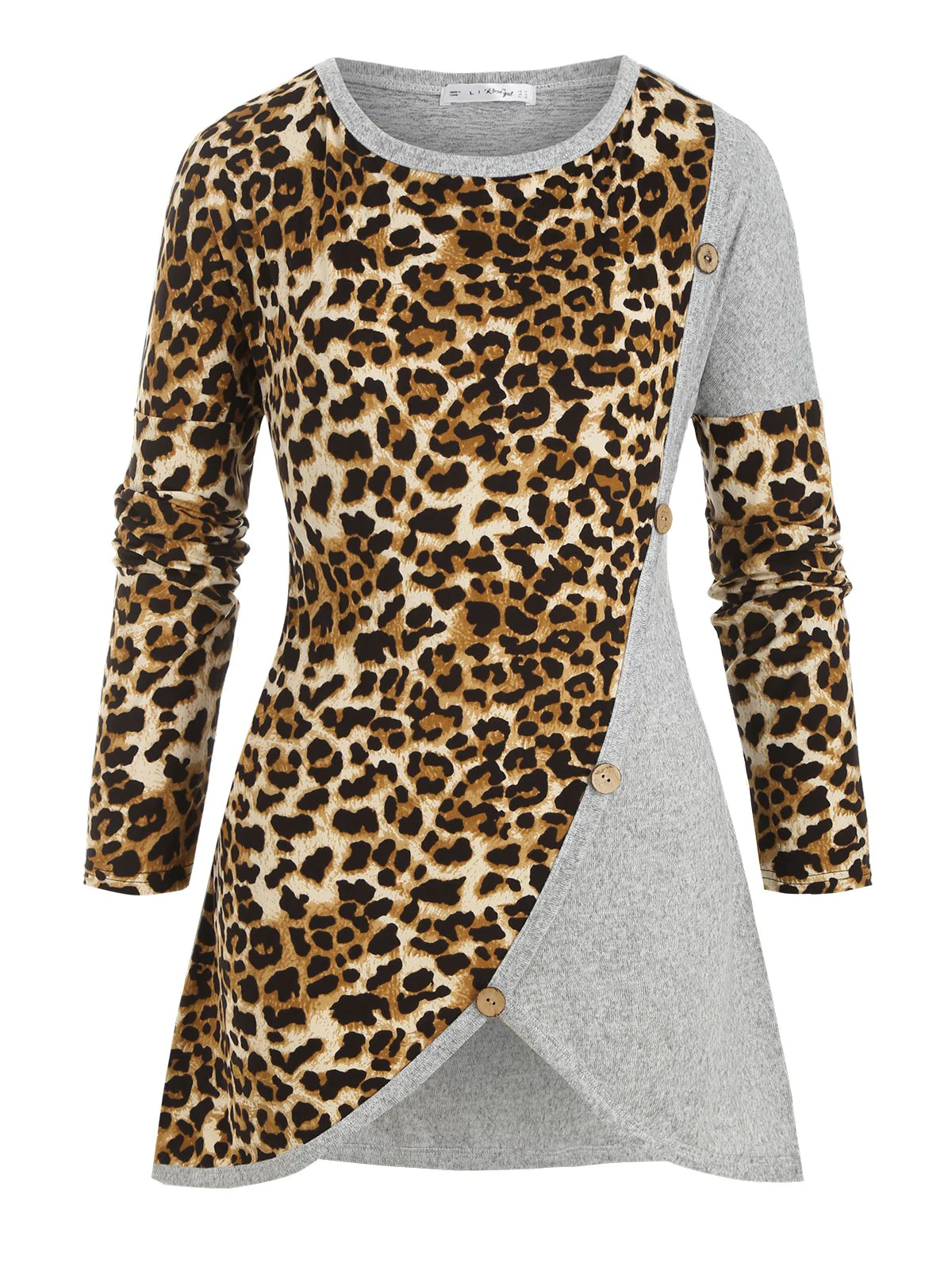 Leopard Panel Crew Neck Buttoned Plus Size Knitwear