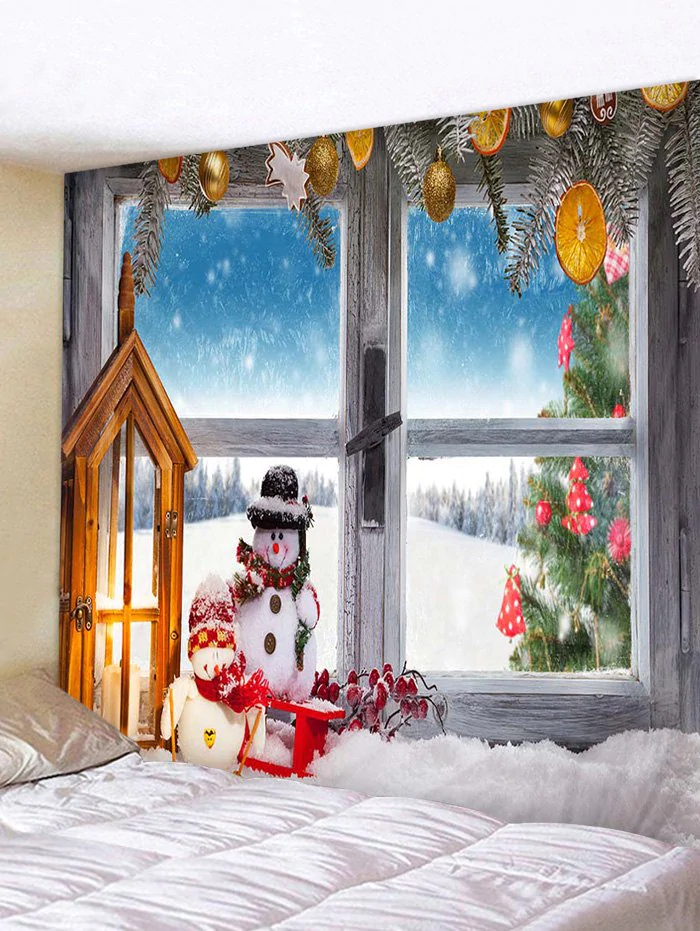 Christmas Tree Snowman Window Print Wall Tapestry