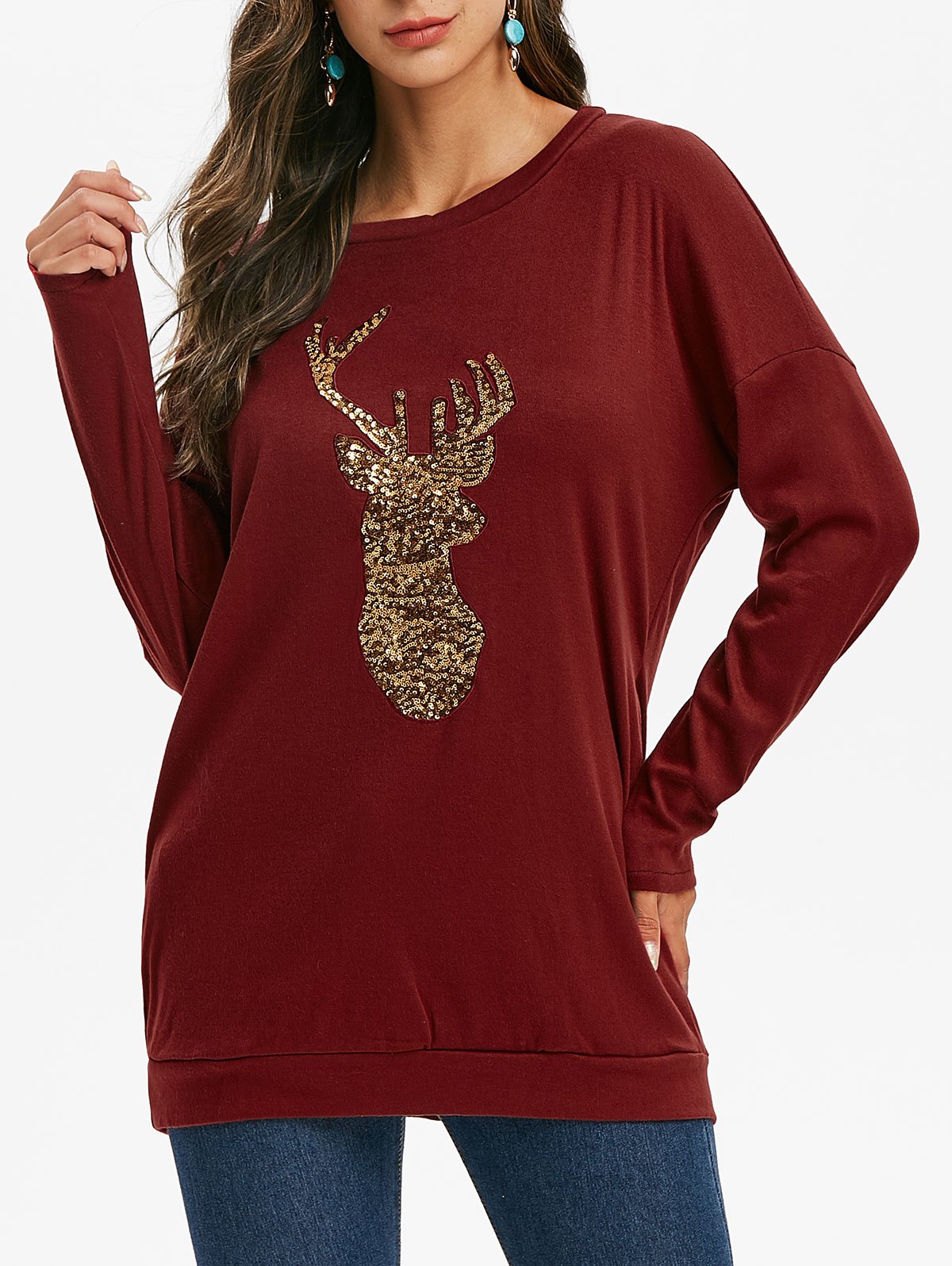 Sequined Reindeer Christmas Longline Sweatshirt