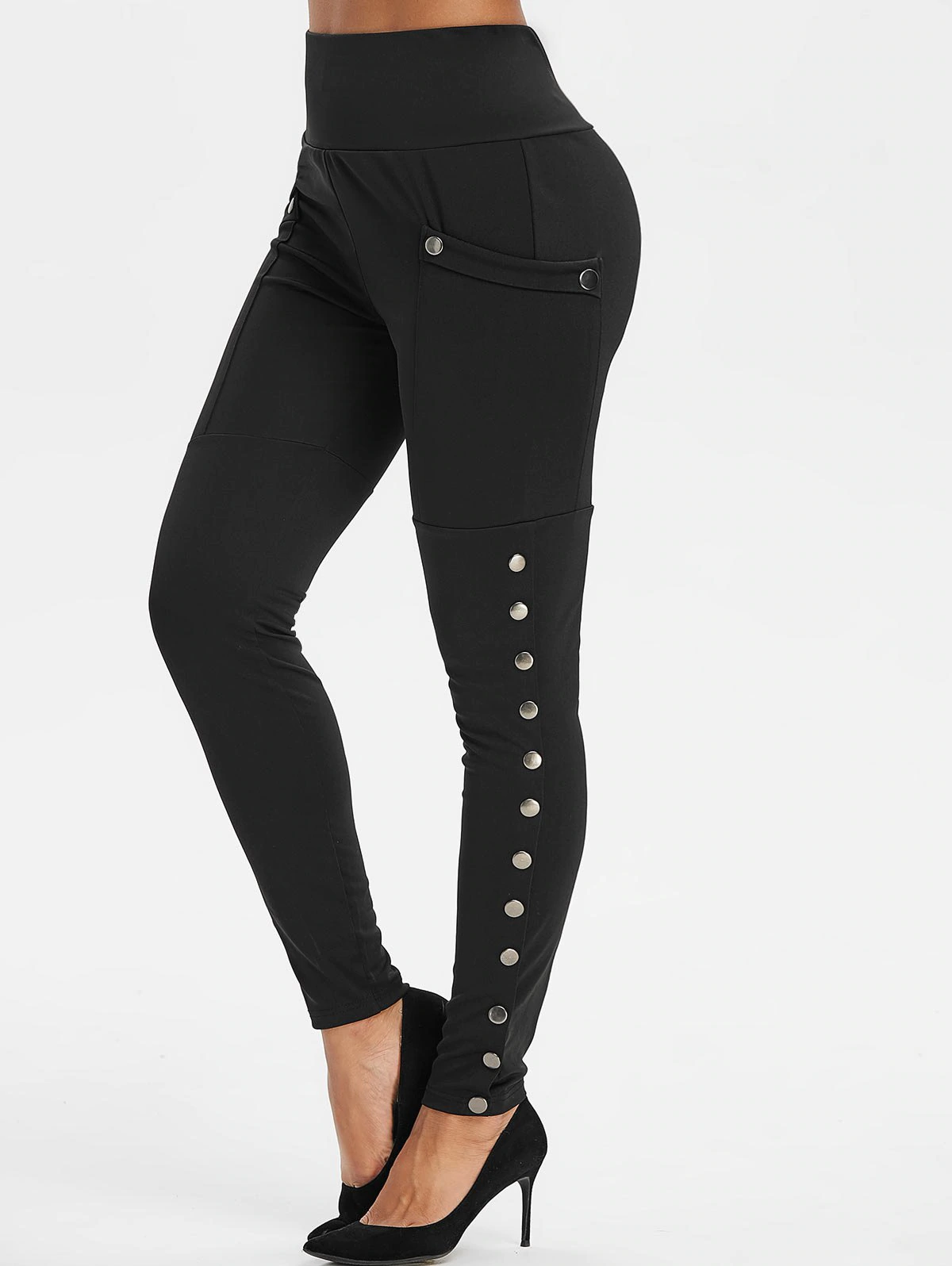 High Waisted Pocket Snap Button Side Leggings