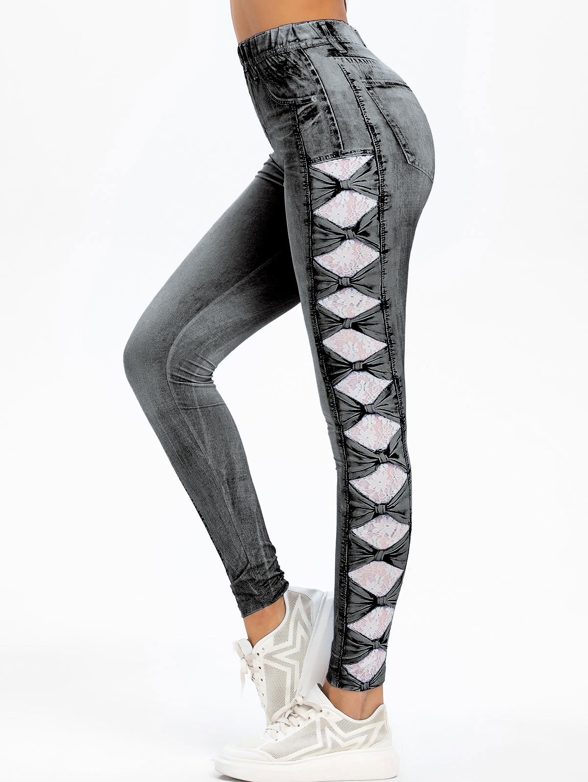 3D Lace Bowknot Print Skinny Jeggings