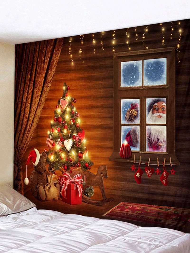 Christmas Tree Window Santa Claus Printed Tapestry