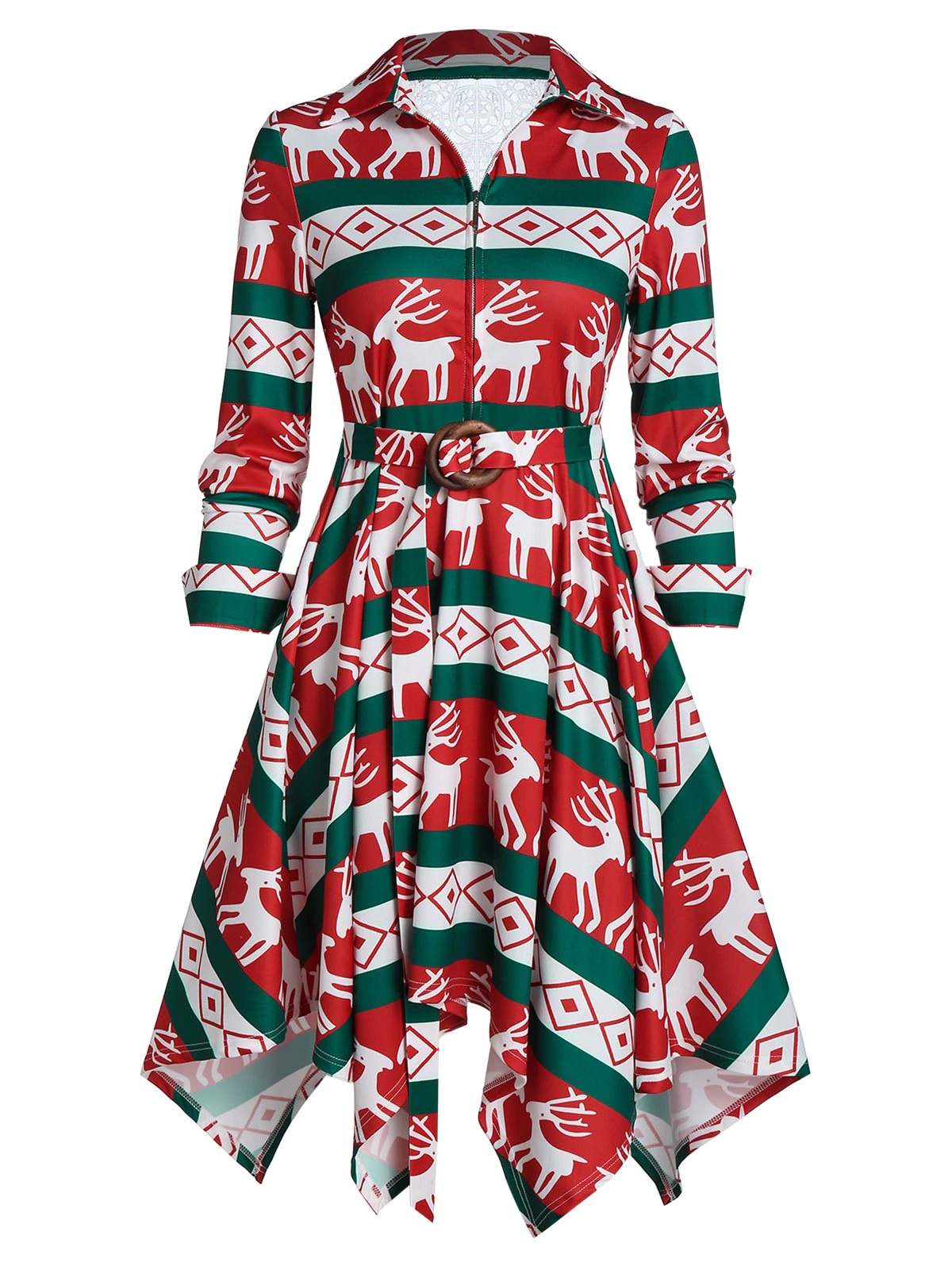 Elk Print Belted Front Zip A Line Dress