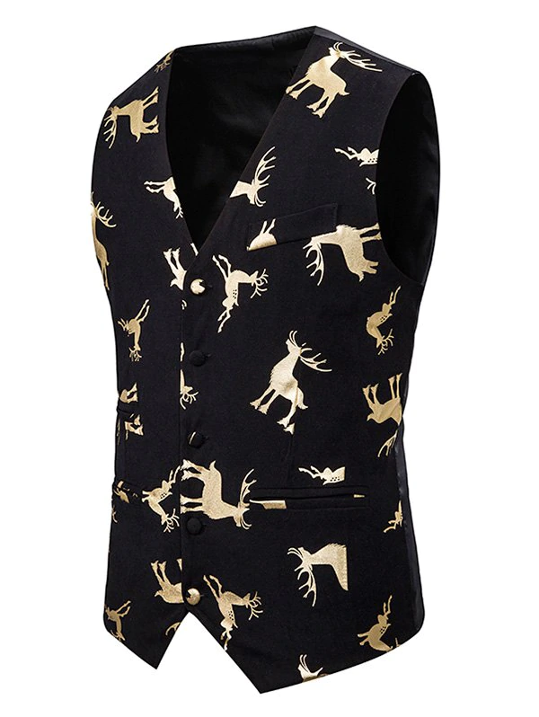 Christmas Deer Print Single Breasted Tuxedo Vest