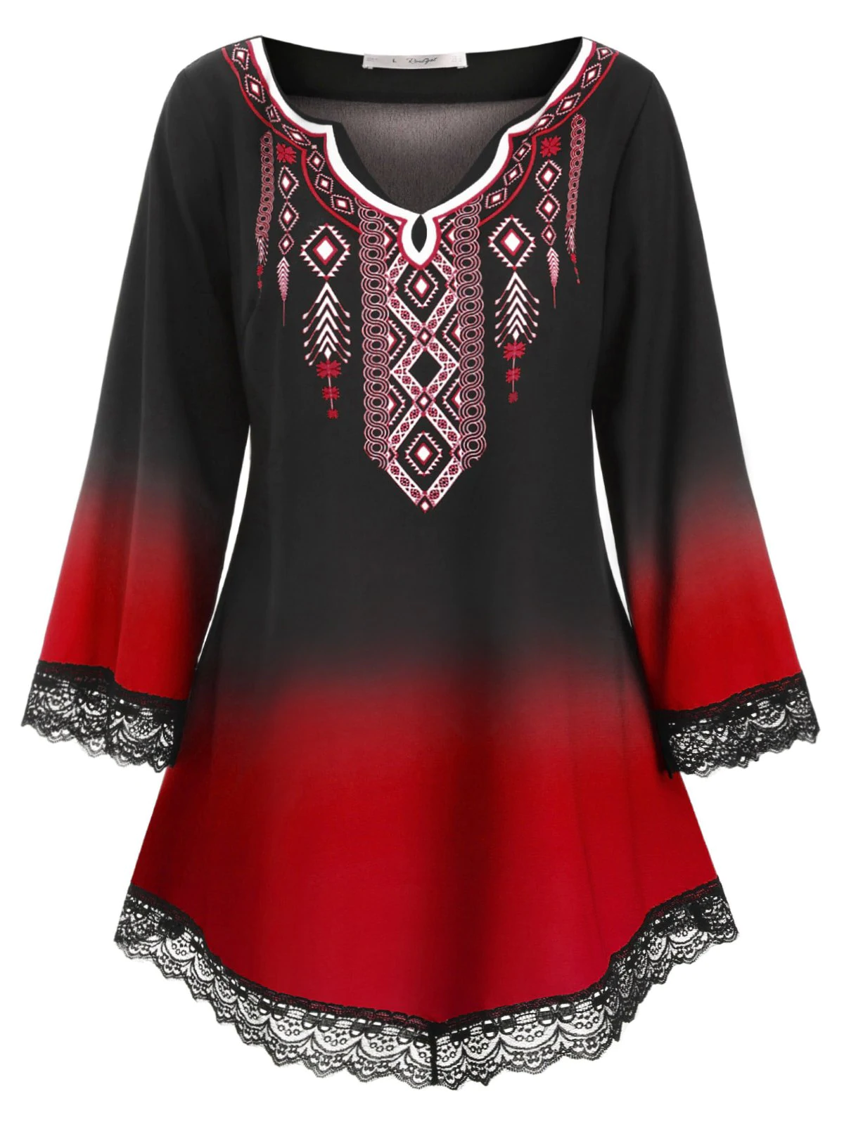 Printed Scalloped Lace Panel Longline Plus Size Blouse