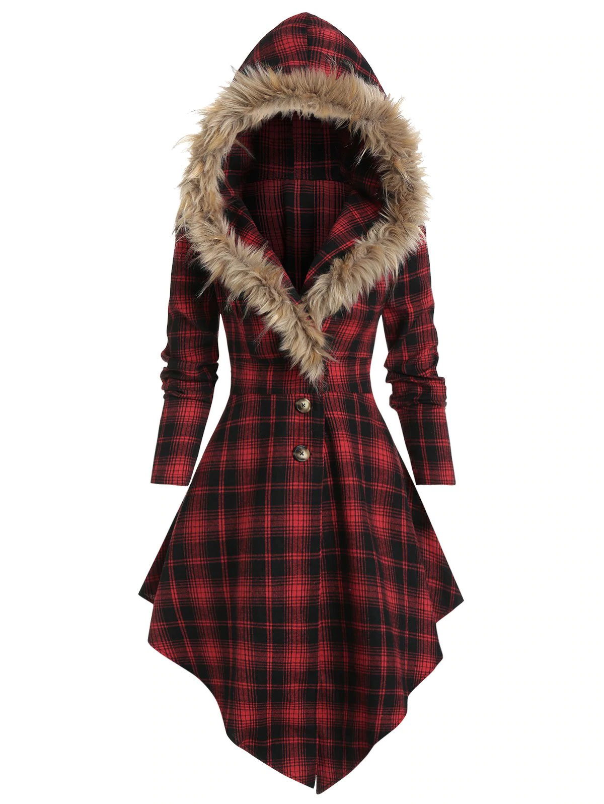 Faux Fur Hooded Plaid Print Lace-up Skirted Coat