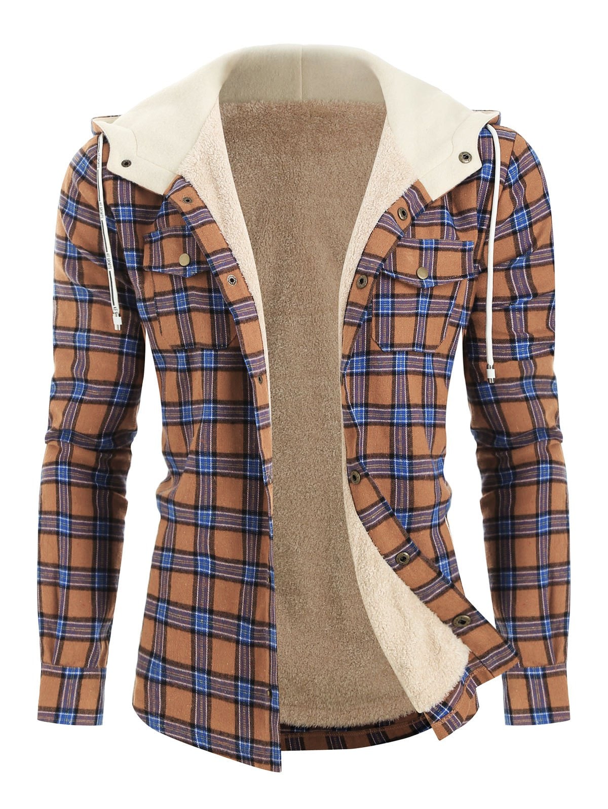 Plaid Chest Pocket Fleece Hooded Jacket