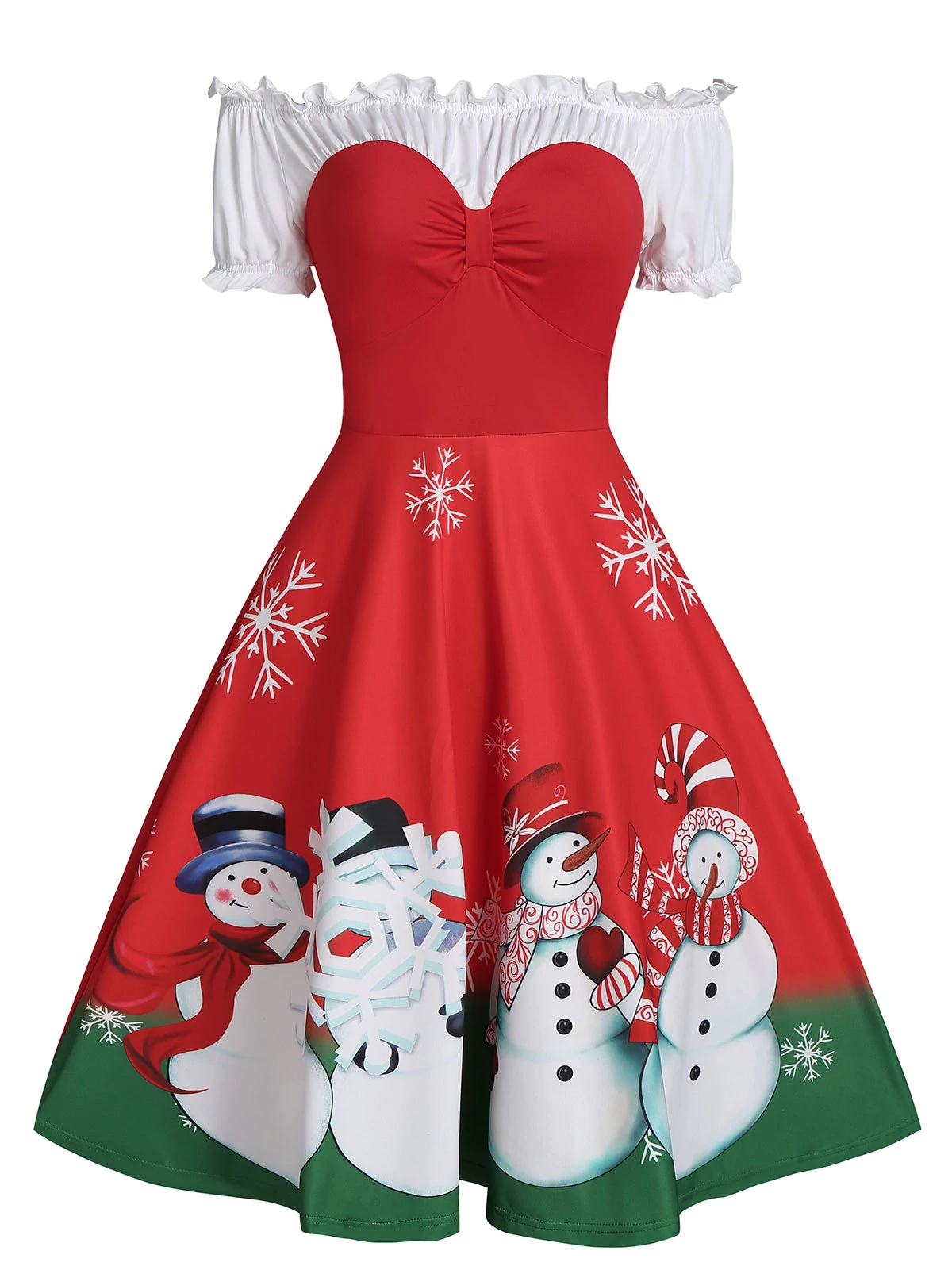 Christmas Snowman Print Off The Shoulder Ruched Skater Dress