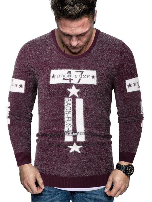 Letter Star Graphic Fuzzy Crew Neck Sweater