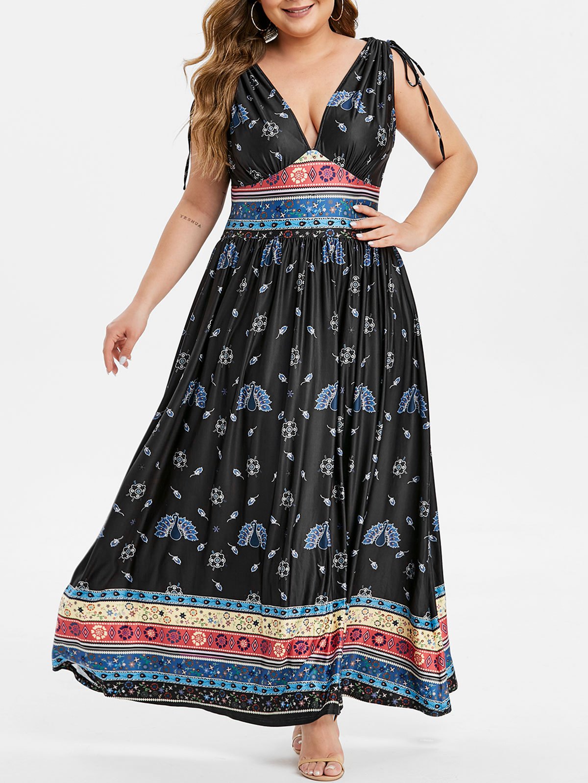 Plus Size Peacock Print Plunging Empire Waist Dress