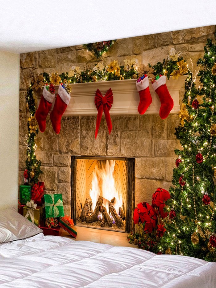 Christmas Tree Gifts Fireplace Print Tapestry Wall Hanging Art D