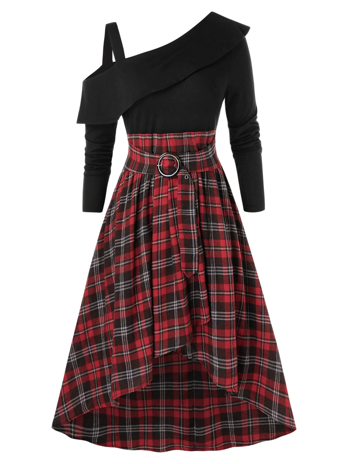 Plus Size Skew Neck Ruffled High Low Plaid Dress