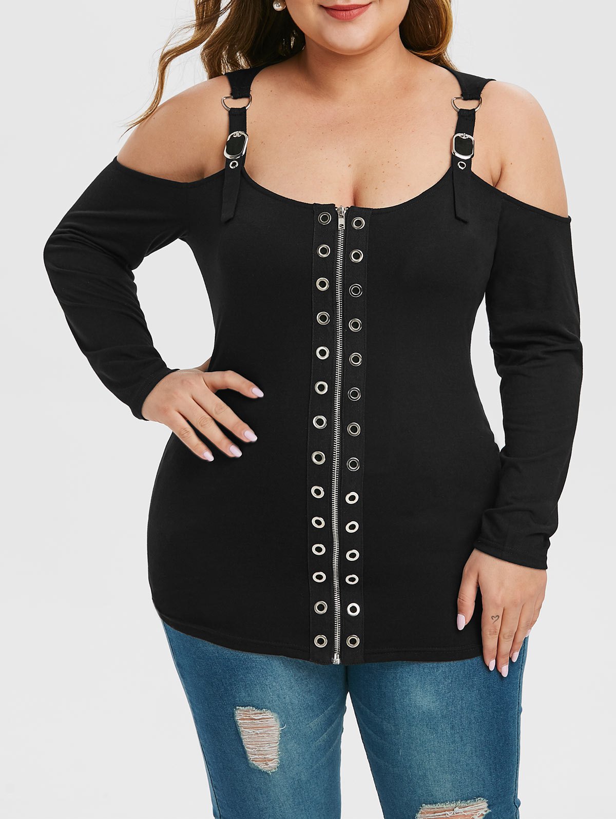 Plus Size Open Shoulder Solid Zippered T Shirt