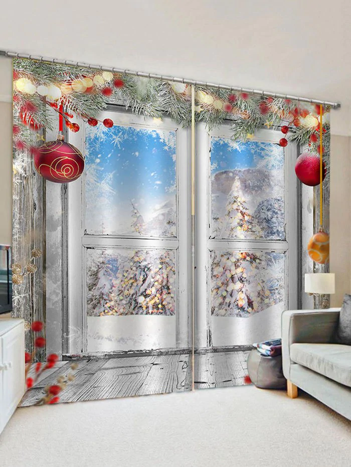 2 Panels Christmas Balls Tree Window Print Window Curtains