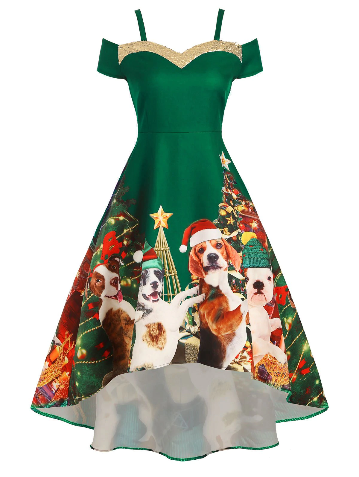 Christmas Tree Dog Print Sequined Cold Shoulder Party Dress